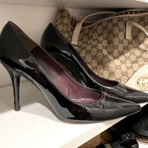 Stuart Weitzman, black patent leather heels with wood leather bottom size 10B